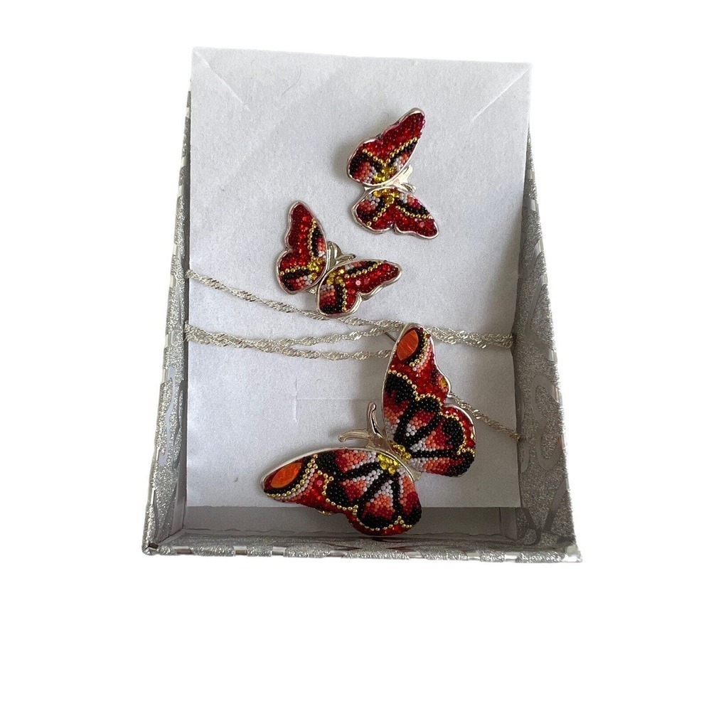 Multicolor Butterfly Necklace 20” and Earrings 925 Sterling Silver And Crystals